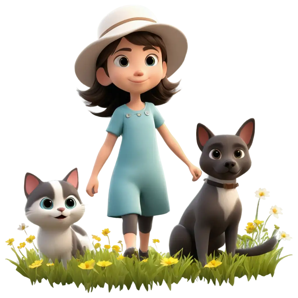cute girl with a cat and a dog on a meadow with flowers like an animation from a movie
