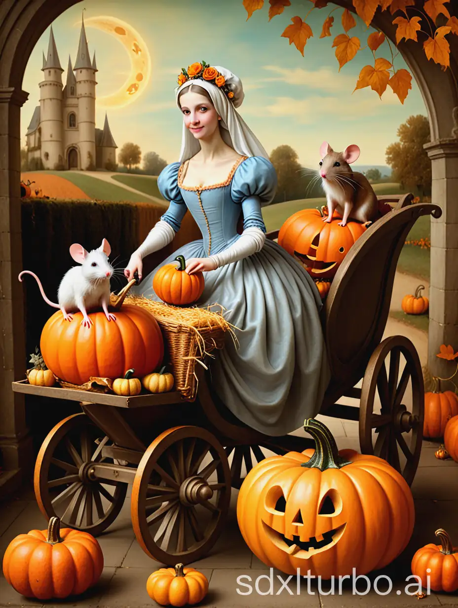 Cinderella-Mice-with-Pumpkin-Cart-and-Fairy-Godmother-in-Old-French-Renaissance-Art-Style