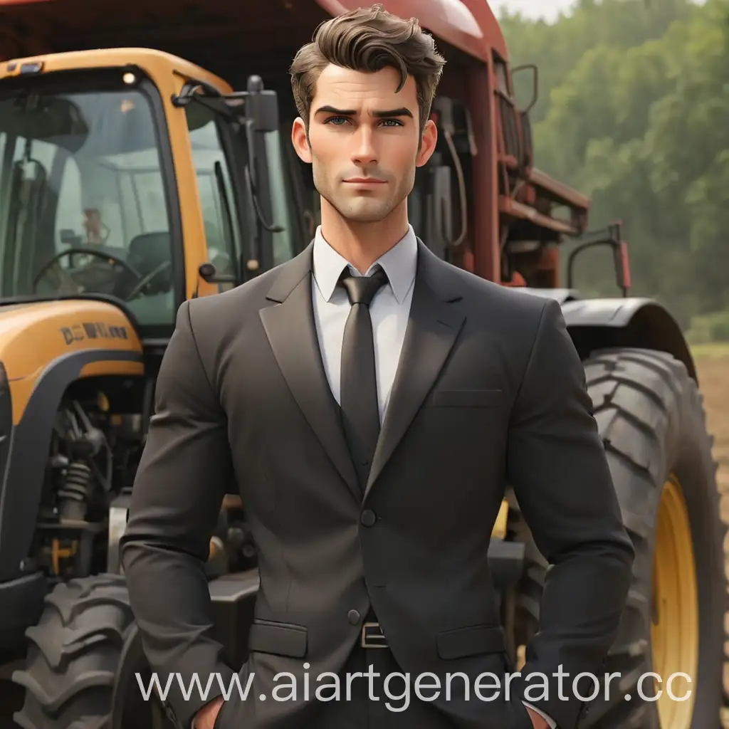 мультяшный привлекательный сексуальный мужчина в черном официальном костюме стоит перед трактором 