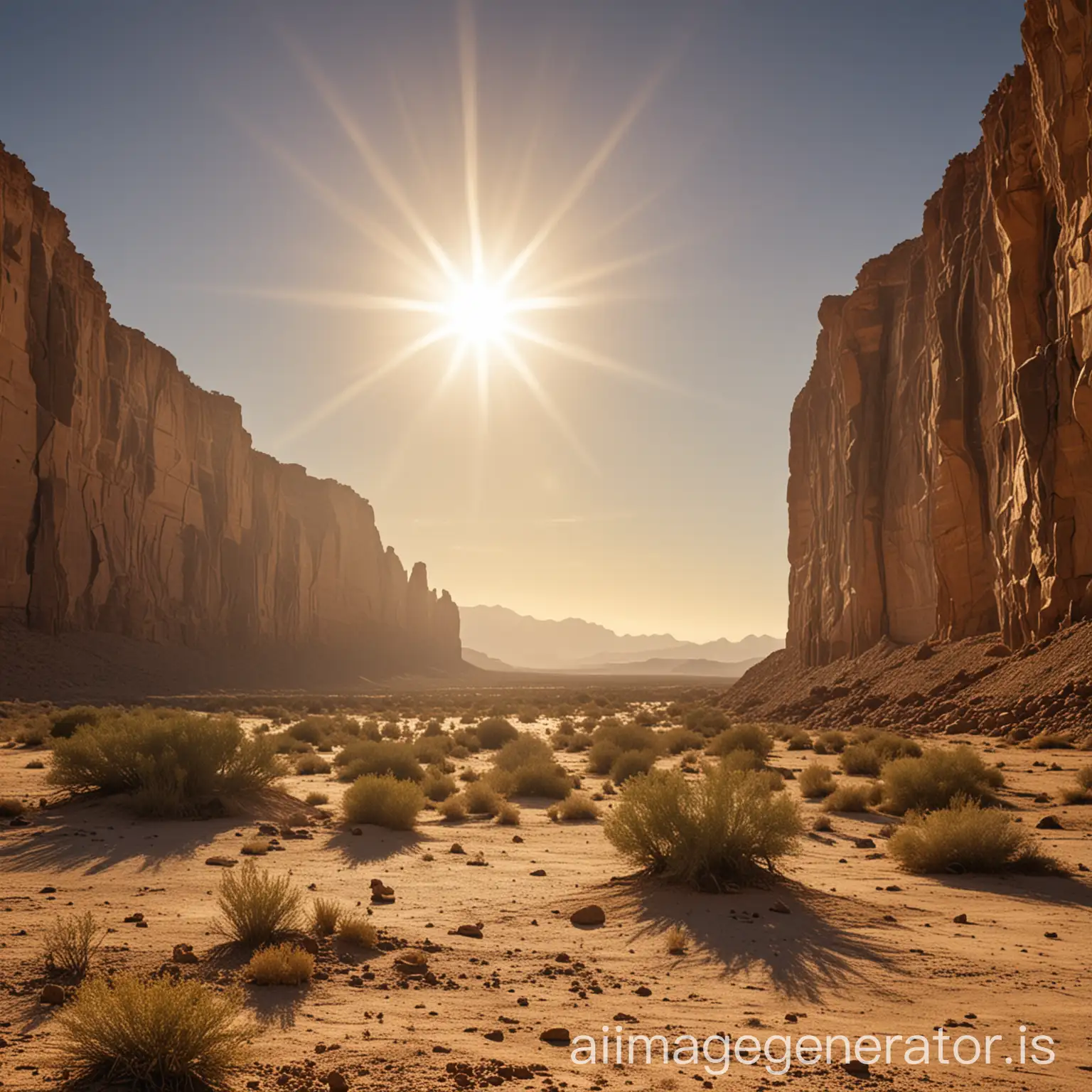 Desert scene with large cliff in the background and 2 suns in the sky.