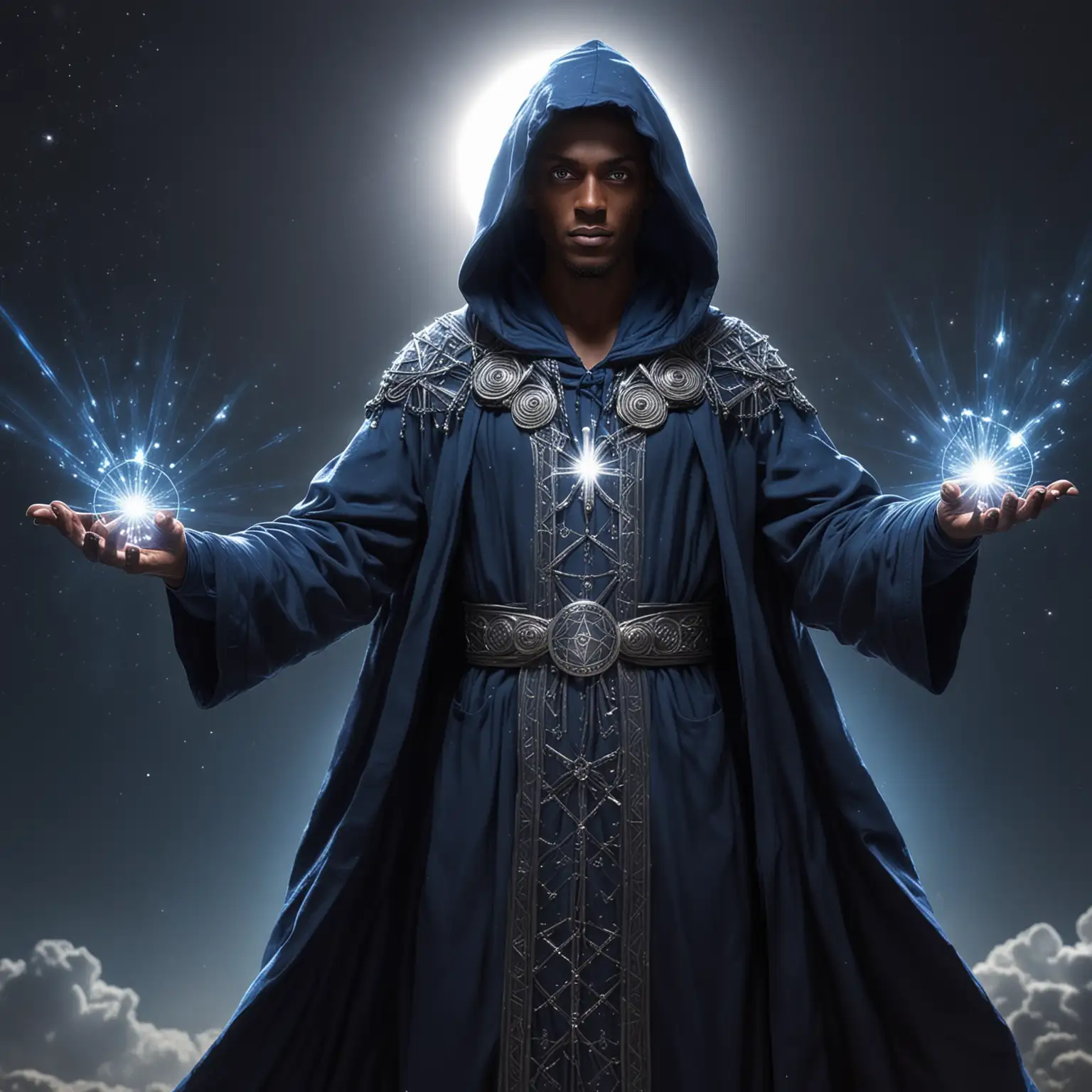Tall dark skinned galatic being with light blue eyes, dressed in a dark blue hooded wizard robe with silver geometric symbols on it,  standing with arms outreached with celestial bright lights and sun behind it.