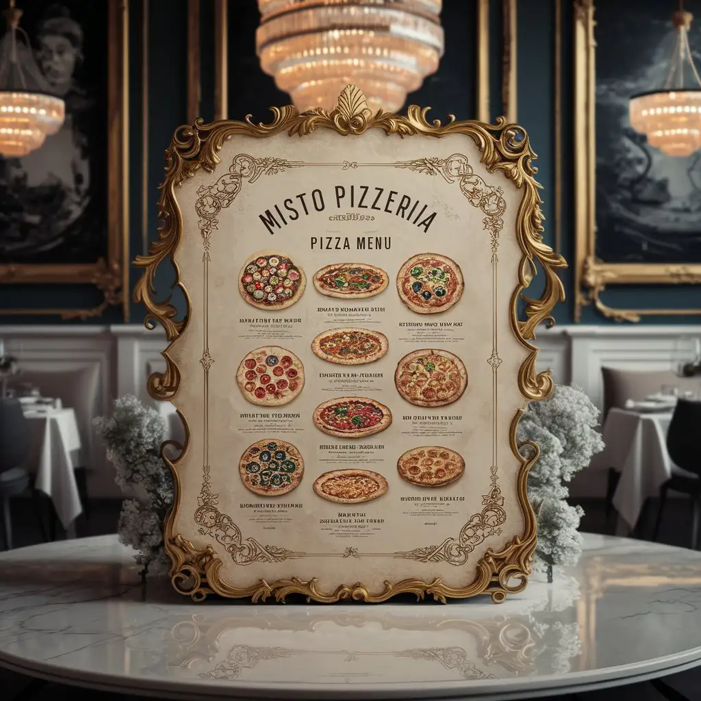 Misto Pizzeria, Pizza menu ,elegant restaurant menu, fancy restaurant menu, Antique restaurant menu, architecture menu.