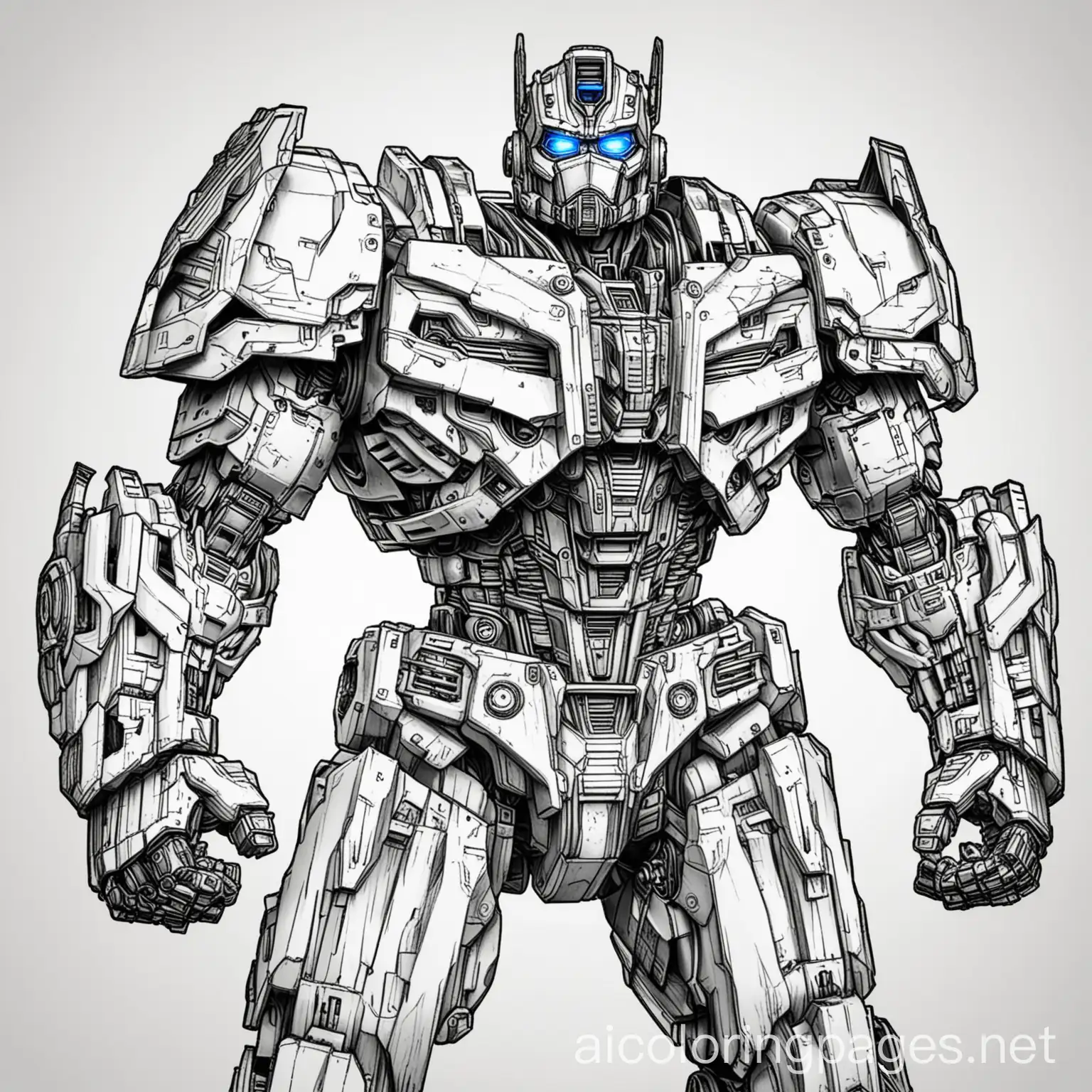 Transformers Coloring Book with a big image of Optimus Prime and Bumblebee., Coloring Page, black and white, line art, white background, Simplicity, Ample White Space. The background of the coloring page is plain white to make it easy for young children to color within the lines. The outlines of all the subjects are easy to distinguish, making it simple for kids to color without too much difficulty