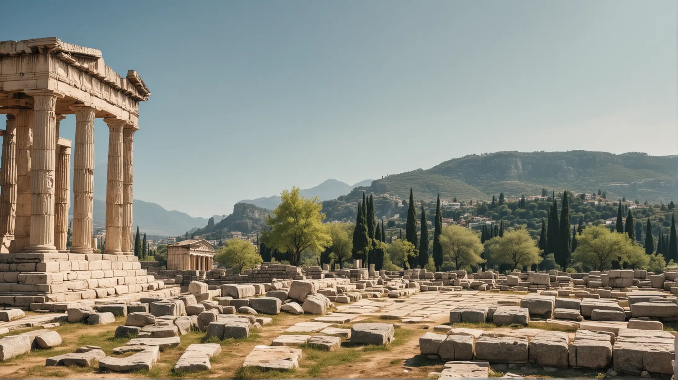 A spring day in Sparta, Ancient Greece, empty spacious foreground, a large statue of an impossibly muscular Greek god on the left side of the picture, Greek temple in background