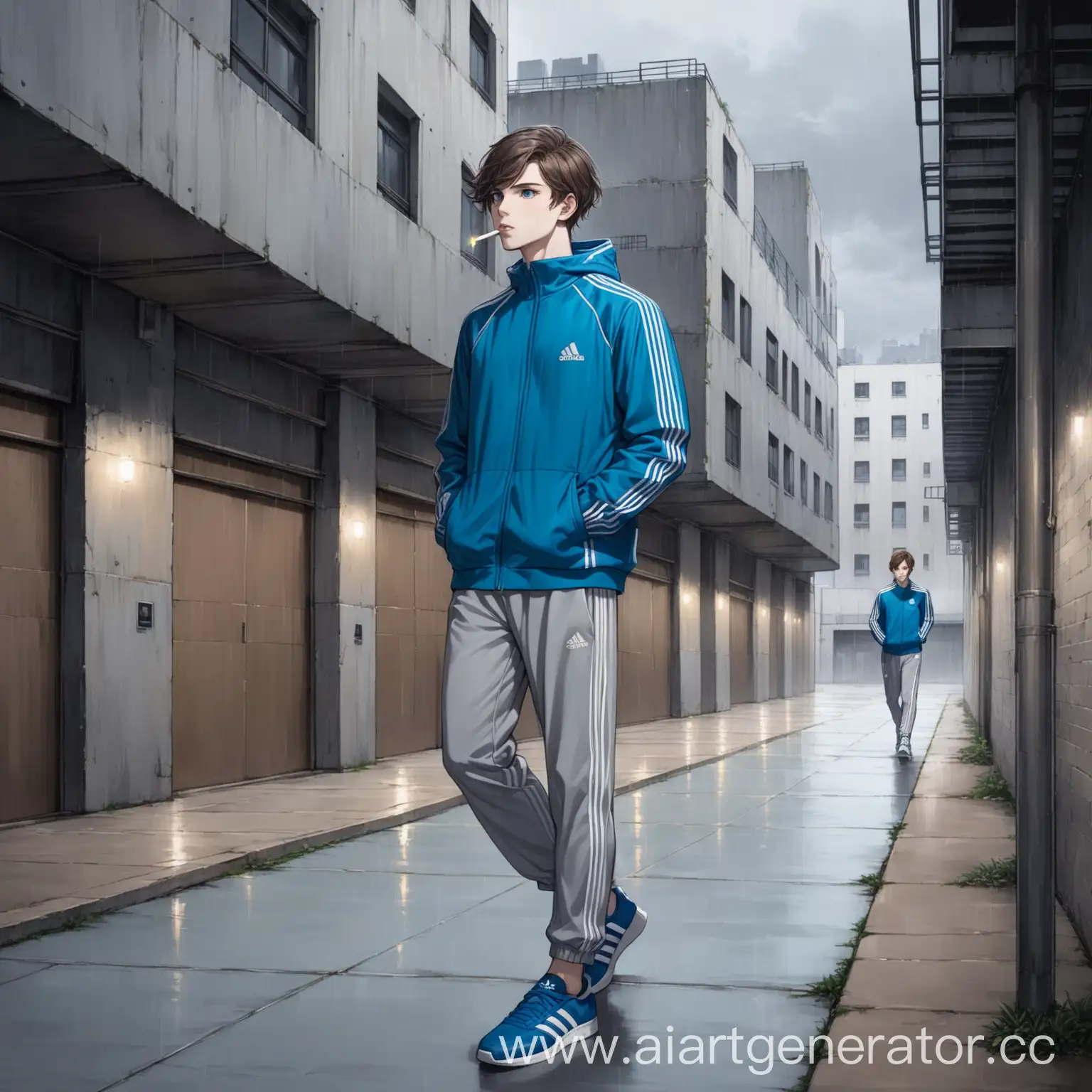 Urban-Young-Man-in-Adidas-Sports-Attire-Strolling-in-Courtyard