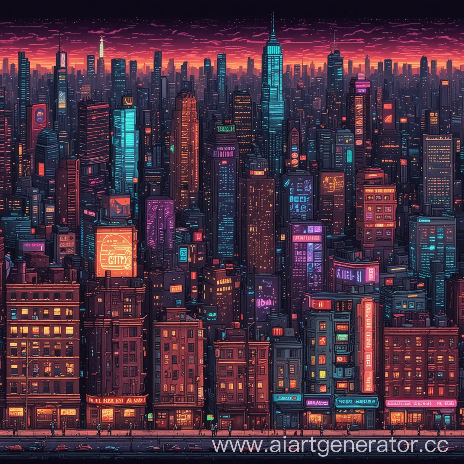 Big city in pixel style 16 bit the city is all in neon lights