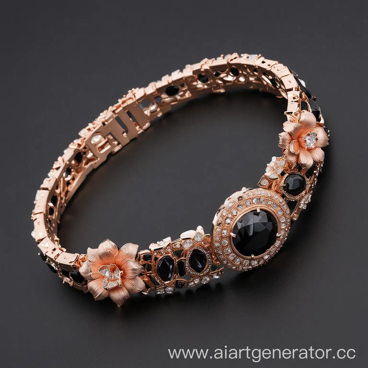 Cartier style bracelet decoration in futuristic style, with black stone, glass and crystal, strict forces, rose flowers