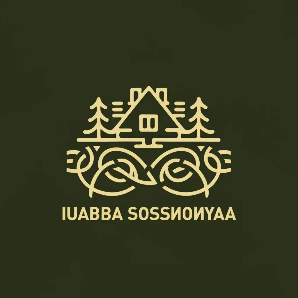LOGO-Design-For-Usadba-Sosnovaya-Serene-Pine-Trees-and-Majestic-Mountains-with-Rustic-House-Theme