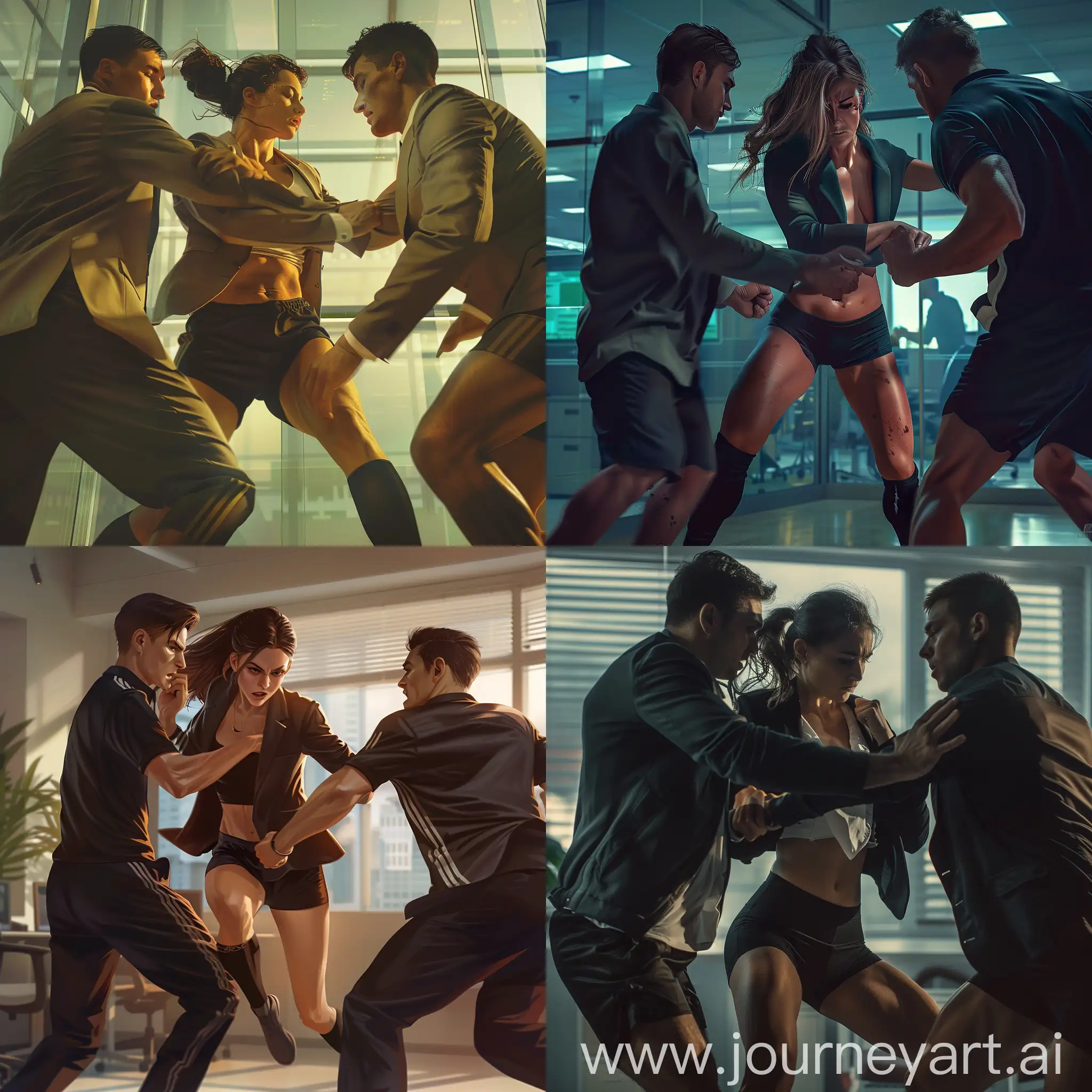 IT company office, reception zone. A young muscular woman in (formal suit jaket, black shorts, ((adidas black overkneesocks))) attacked by two male in sport clothing. The woman is struggling and trying to defend herself but is clearly outmatched. Realistic style, dramatic lighting, intense action scene.
