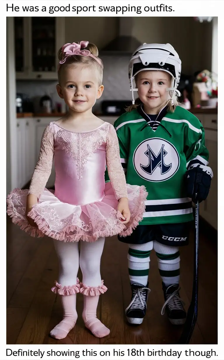 Adorable-Gender-Role-Reversal-Little-Boy-in-Pink-Ballet-Attire-and-Girl-in-Hockey-Uniform