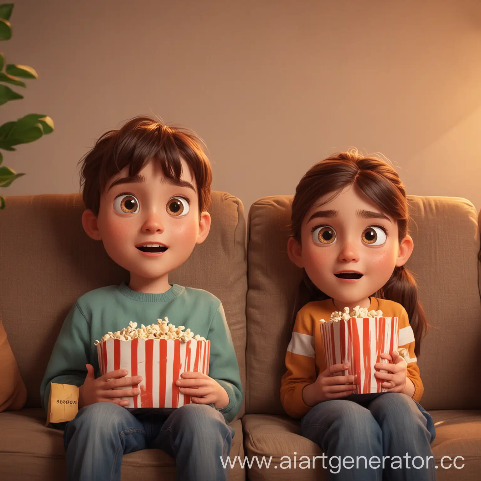 Девушка и парень смотрят кино на диване. В руках держат поп-корн. Изображение в анимационном стиле.