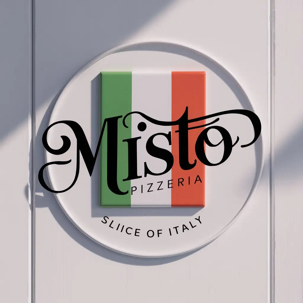 Elegant Typography Misto Pizzeria Logo with Slice of Italy on White Background