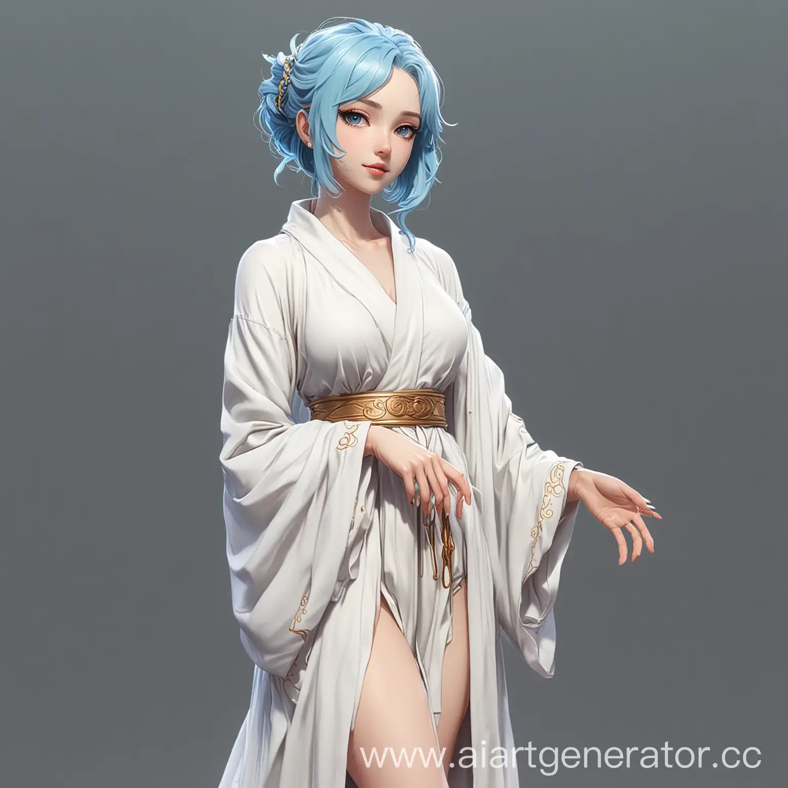 Аниме богиня в белом одеянии с белой кожей и голубыми волосами в стиле мультика в полный рост