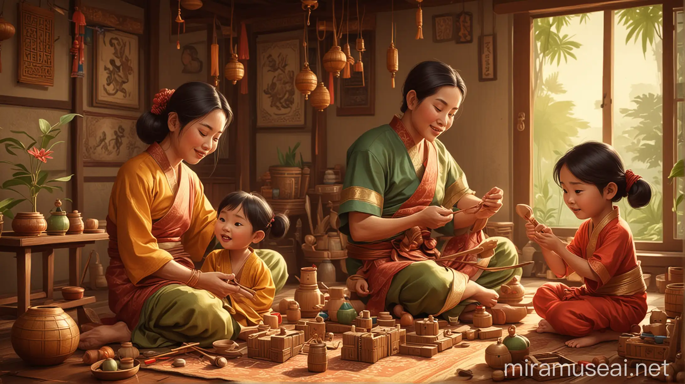 cartoon illustration of a harmonious Southeast Asian family playing with traditional toys. create a more dramatic and detailed illustration.