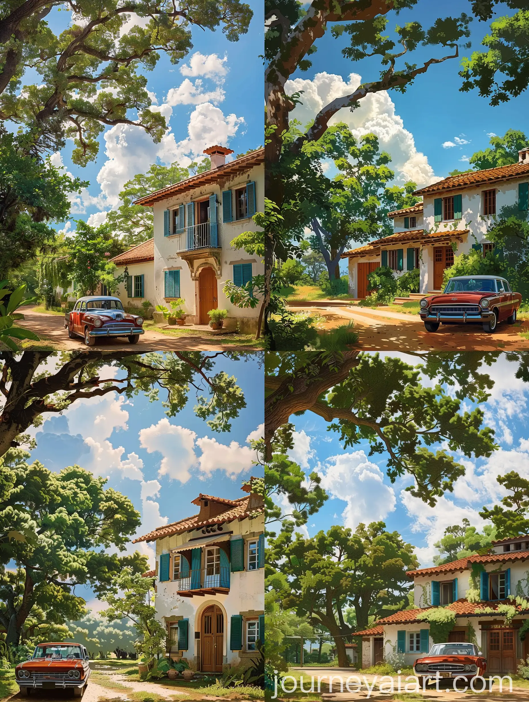 Tranquil-Rural-Scene-with-Vintage-Red-Car-and-Charming-House