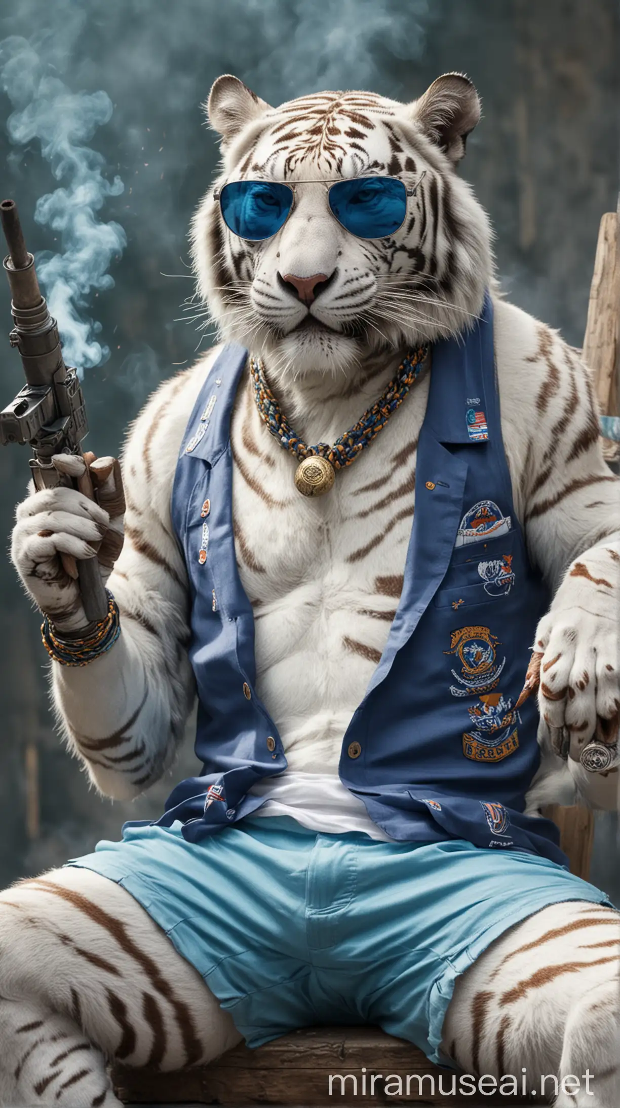 White tiger, wearing shorts and blue sunglasses, sitting like a boss and smoking a cigar, holding a missile gun
