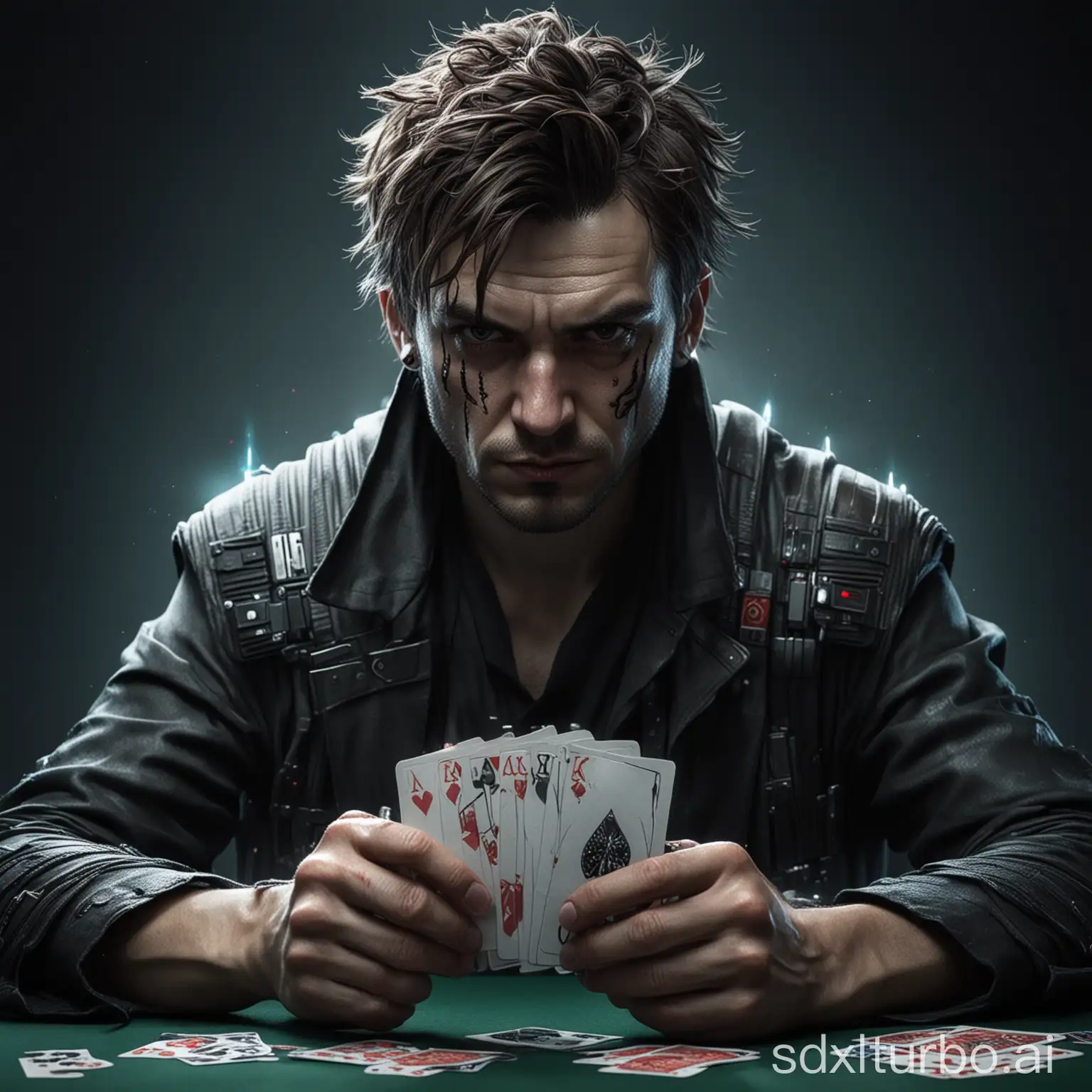 A man playing poker. He's holding cards. Frontal. Cyberpunk style.  His face is smeared with thick lightsaber, Very detail