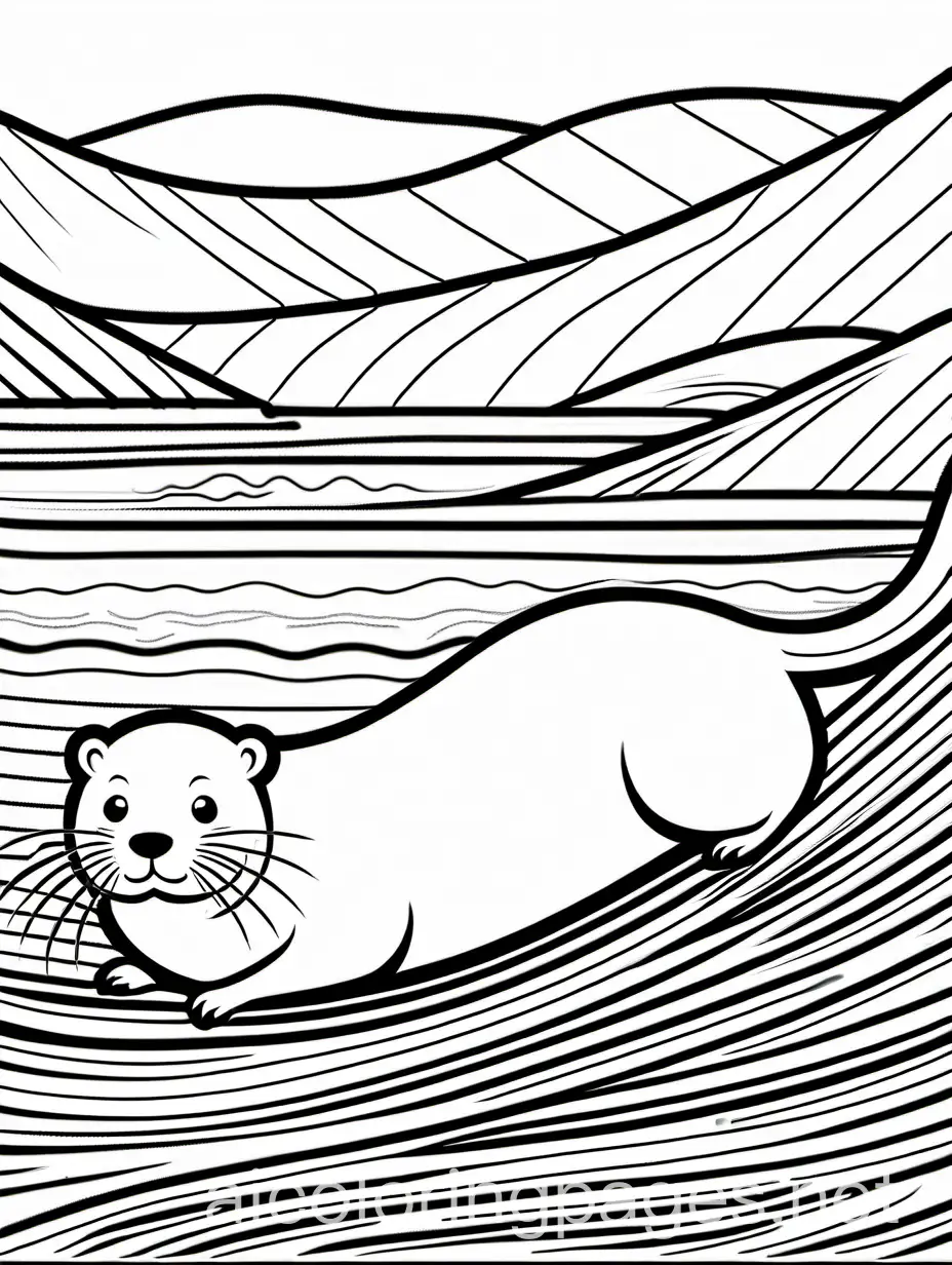 A happy otter sliding down a riverbank., Coloring Page, black and white, line art, white background, Simplicity, Ample White Space. The background of the coloring page is plain white to make it easy for young children to color within the lines. The outlines of all the subjects are easy to distinguish, making it simple for kids to color without too much difficulty