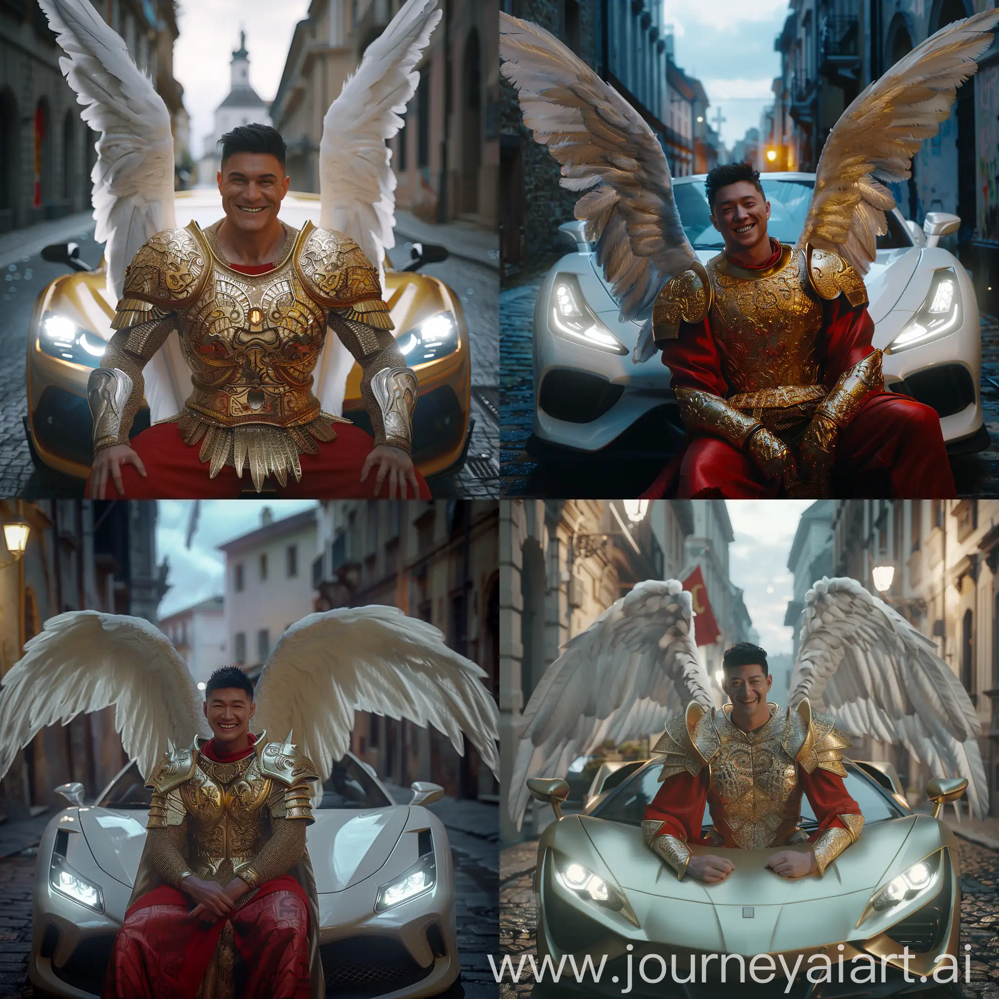 Archangel-in-Golden-Armor-Smiling-on-Sports-Car-in-Raw-Style-Scene