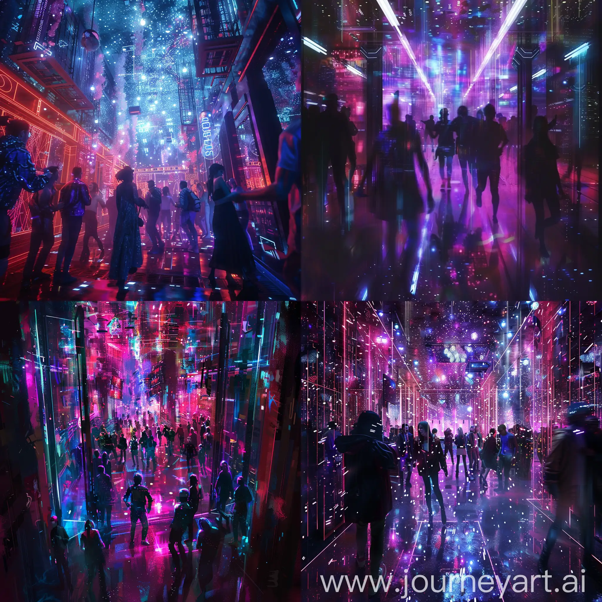 "In a futuristic metropolis, where neon lights flicker like stars in the urban sky, a nightclub emerges as an oasis of energy in the darkness. The air is charged with anticipation as the doors open to a realm of pulsating rhythms and flashes of color. Inside, an amalgam of people from tomorrow congregates, each with their unique style and attire reflecting the extravagance of the future. The center of the dance floor is an explosion of movement, where bodies contort to the beat of electronic music reverberating through the futuristic space. LED lights dance in sync with the music, painting the atmosphere with vibrant hues that change with every beat. In the shadows, intimate corners offer refuge for those seeking a moment of tranquility amidst the luminous chaos. In this nightclub of the future, time stands still as attendees immerse themselves in an experience that merges the most advanced technology with the eternal passion for music and dance."






