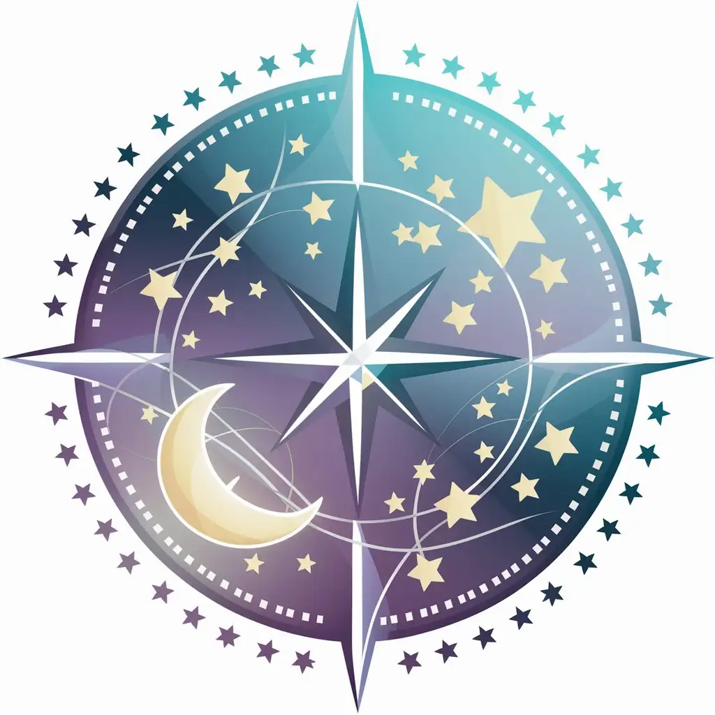 a logo design,with the text "dream star guide", main symbol: Design Description:
1. Main Element: Compass
• Shape: A circular compass symbolizing "guidance".
• Color: Use gradient blue and purple color, giving a dreamy and mysterious feeling.
2. Stars
• Quantity: Approximately 10-20 stars scattered around or inside the compass.
• Color: Mix of white, light blue, and light yellow color, adding a sparkling feel.
• Size: Varying size, from small (20 units) to large (80 units), creating depth.
• Edge: Use Dodger Blue edge color with slight transparency, creating a glowing effect.
3. Path
• Shape: Draw curved paths inside the compass or around it, representing star map or journey in dreams.
• Color: Use Dodger Blue, matching the color of stars and compass.
4. Crescent Moon
• Position: Place it in one of the compass' quadrants, adding a dreamy feel.
• Color: Light yellow with gold edge, creating a soft glowing effect.

Design Steps:
1. Draw the Compass: Start with a circle, add the compass pointer and scale.
2. Add Stars: Scatter stars of various sizes and colors around and inside the compass.
3. Draw Paths: Inside the compass, add some curved paths connecting stars, similar to a star map.
4. Add Crescent Moon: Place a crescent moon in one of the compass' quadrants, adding dreamy feel.,Moderate,be used in Others industry,clear background