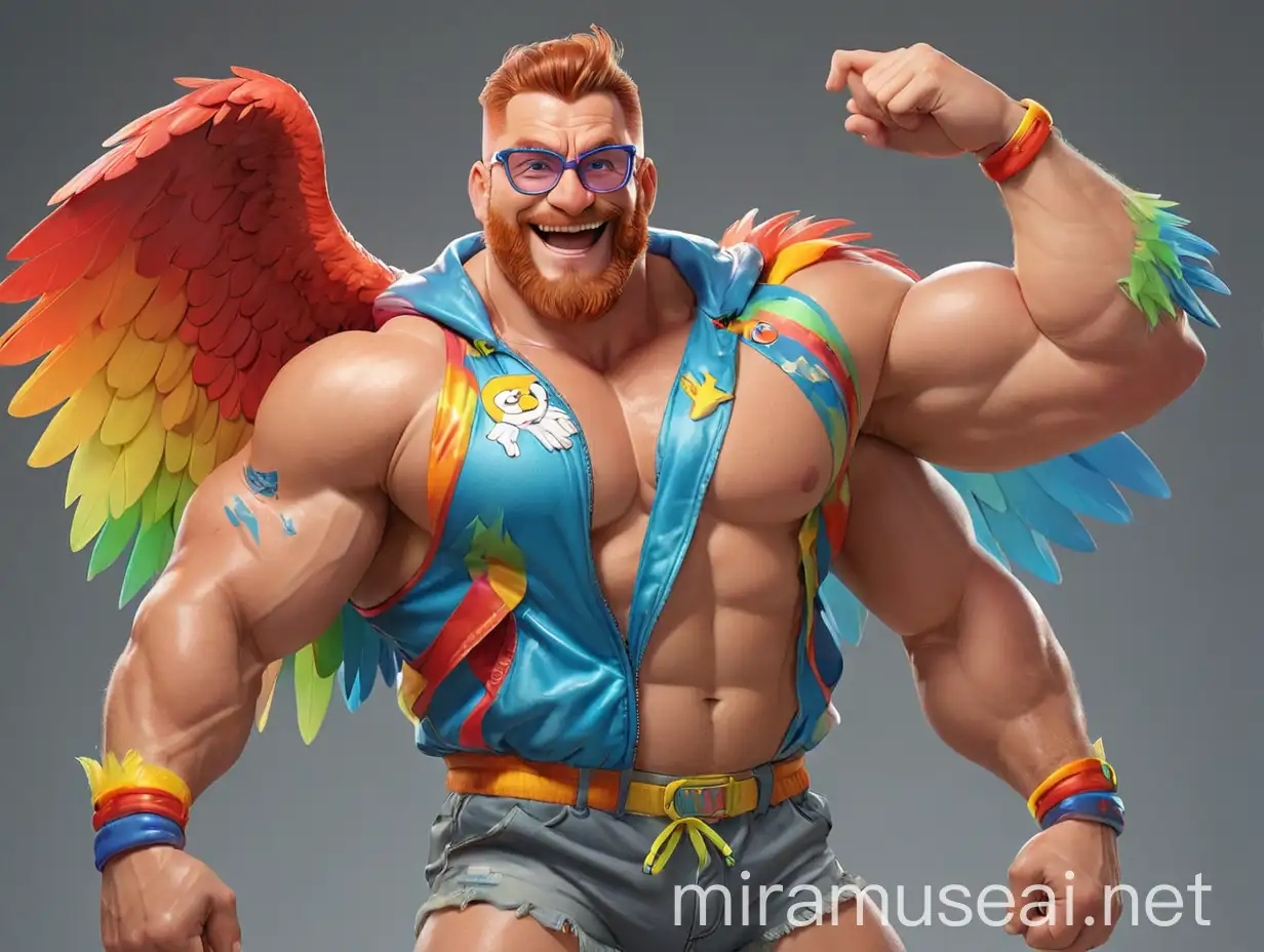 Studio Light Subtle Smile Topless 40s Ultra Chunky Red Head Bodybuilder Daddy with Beard Wearing Multi-Highlighter Bright Rainbow Colored See Through huge Eagle Wings Shoulder Jacket short shorts and Flexing his Big Strong Arm Up with Doraemon Goggles on forehead