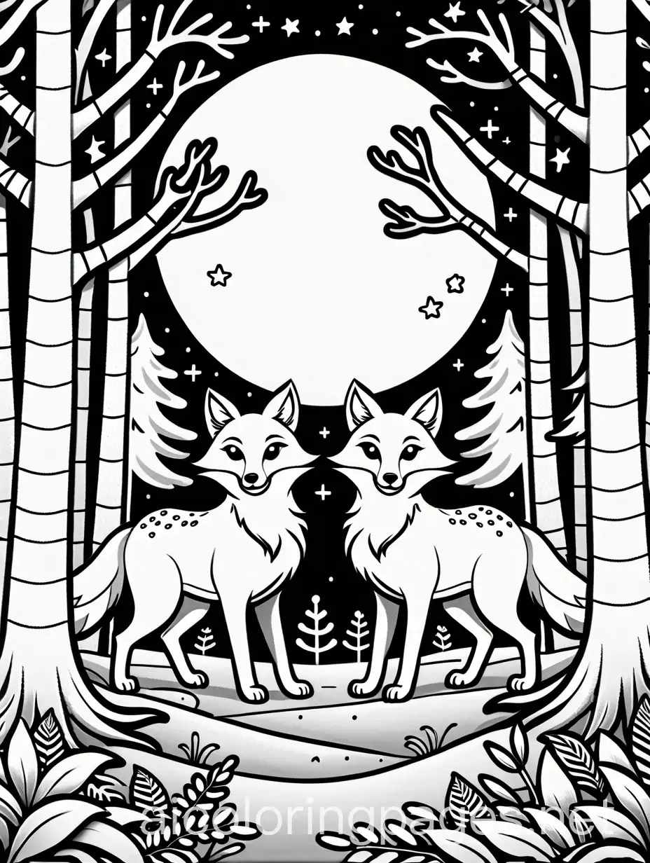 Foxes playing hide-and-seek in a moonlit forest
, Coloring Page, black and white, line art, white background, Simplicity, Ample White Space. The background of the coloring page is plain white to make it easy for young children to color within the lines. The outlines of all the subjects are easy to distinguish, making it simple for kids to color without too much difficulty