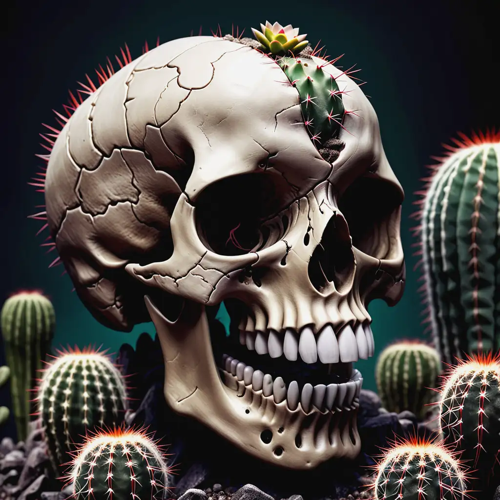 Sinister Skull with Monster Fangs and Twisted Cactus