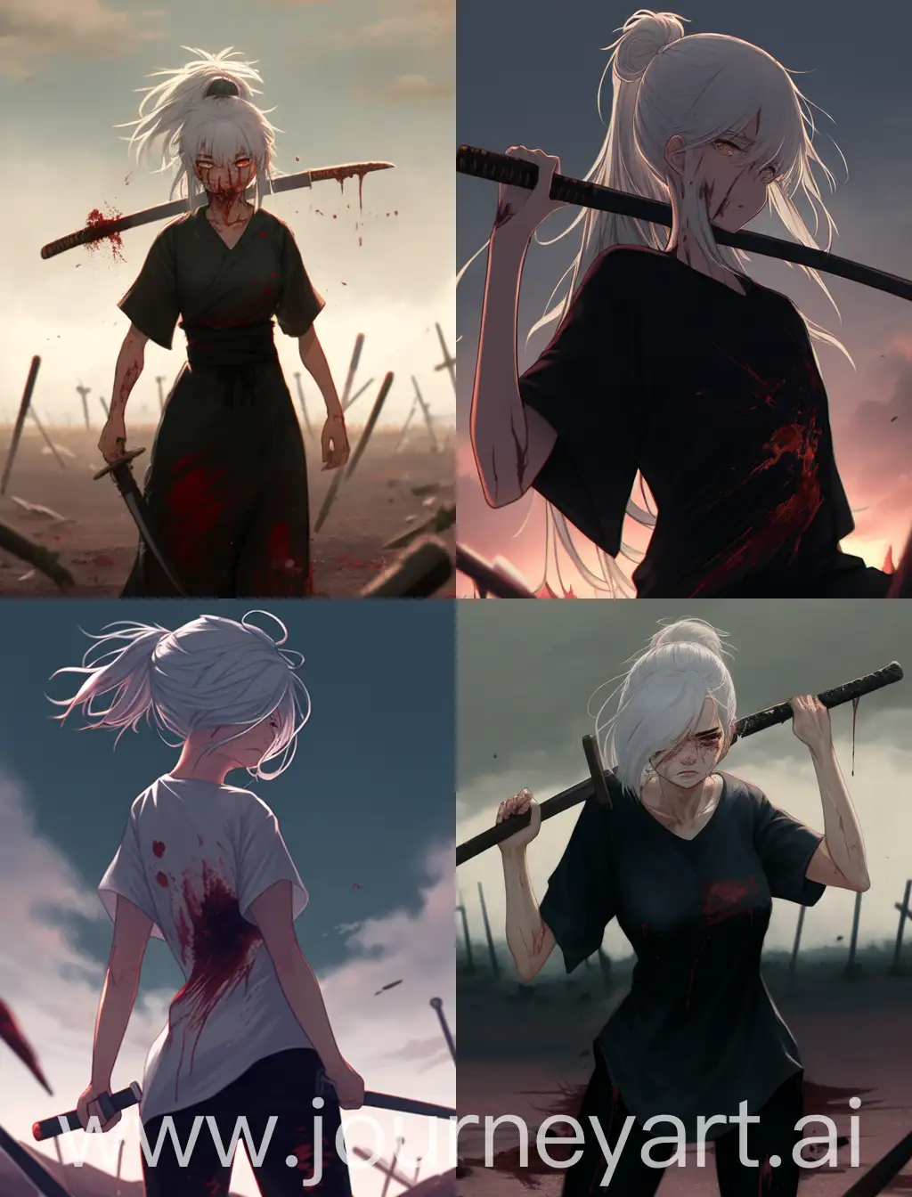 black oversized t-shirt, expressionless, body curves, grown-up anime girl, white hair, ponytail, red pupils, calm hate, bad mental state, Makoto Shinkai style, anime style, 8K, field background, wind, holding katana, losing sanity, covered in blood, blood everywhere, dynamic angle, ultimate details