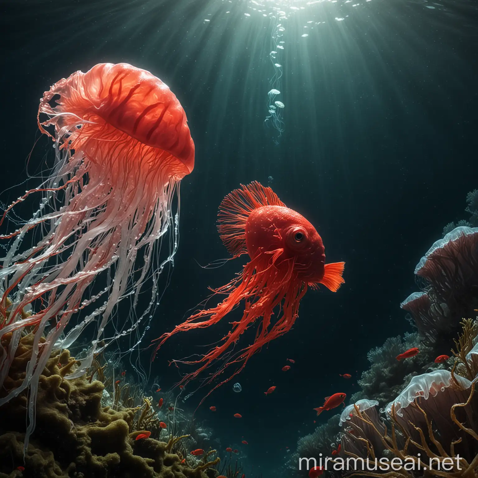 Could you create an image of a small red fish named Ricky swimming alongside a wise-looking jellyfish named Jerry in the depths of the ocean?"