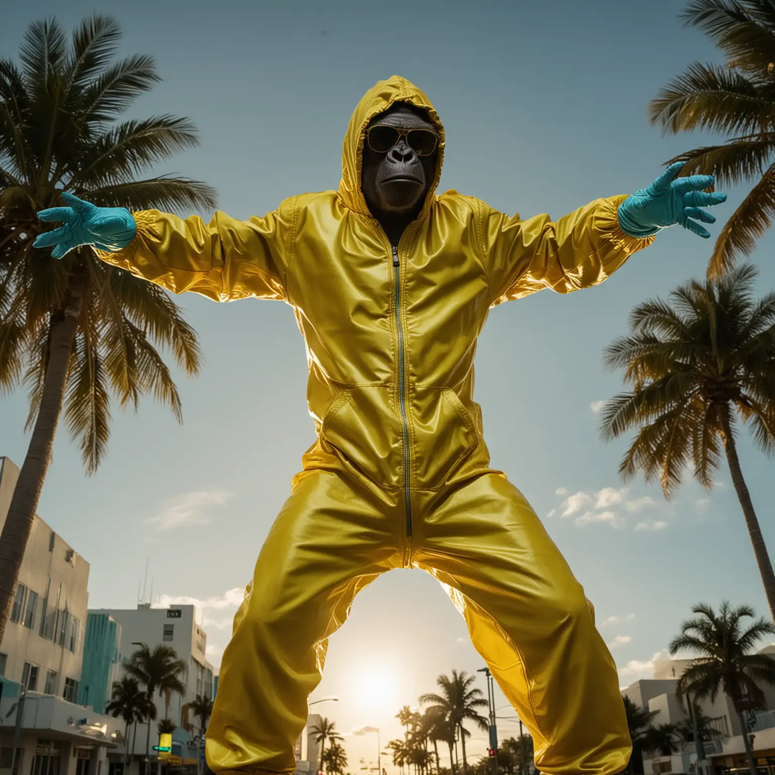 Miami Sunset Gorilla in Breaking Bad Jumpsuit with Neon Lights
