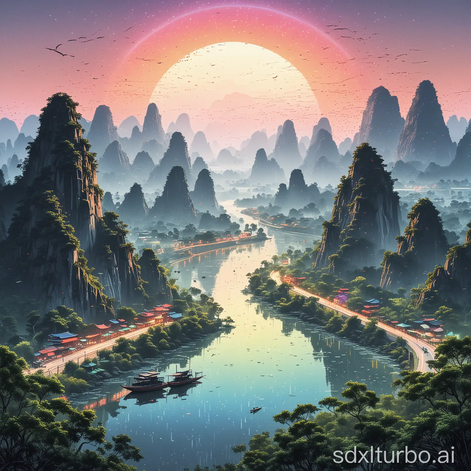 Landscape scene illustration of Guilin, China, minimalist style, modern art plane illustration, line art with rainbow light, color pencil drawing, with similar dot-matrix effect, bright fluorescent dots on the background, so that the dot matrix pattern becomes the focus, monochrome fluorescent dots, transparent effect, sharp edges, extremely fine strokes, soft and smooth lines, gradual transition lines,  wide Angle, aerial view