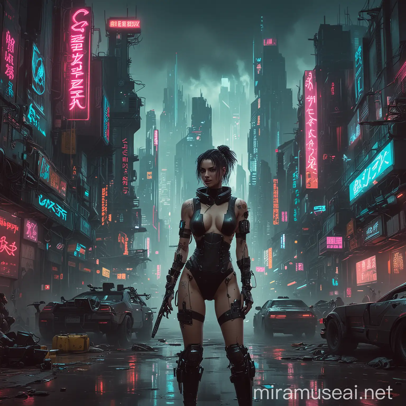 Futuristic Cyberpunk Cityscape with Neon Lights and Hovering Vehicles