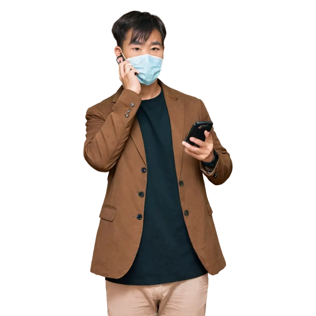 chines man looking at his phone while wearing a health mask