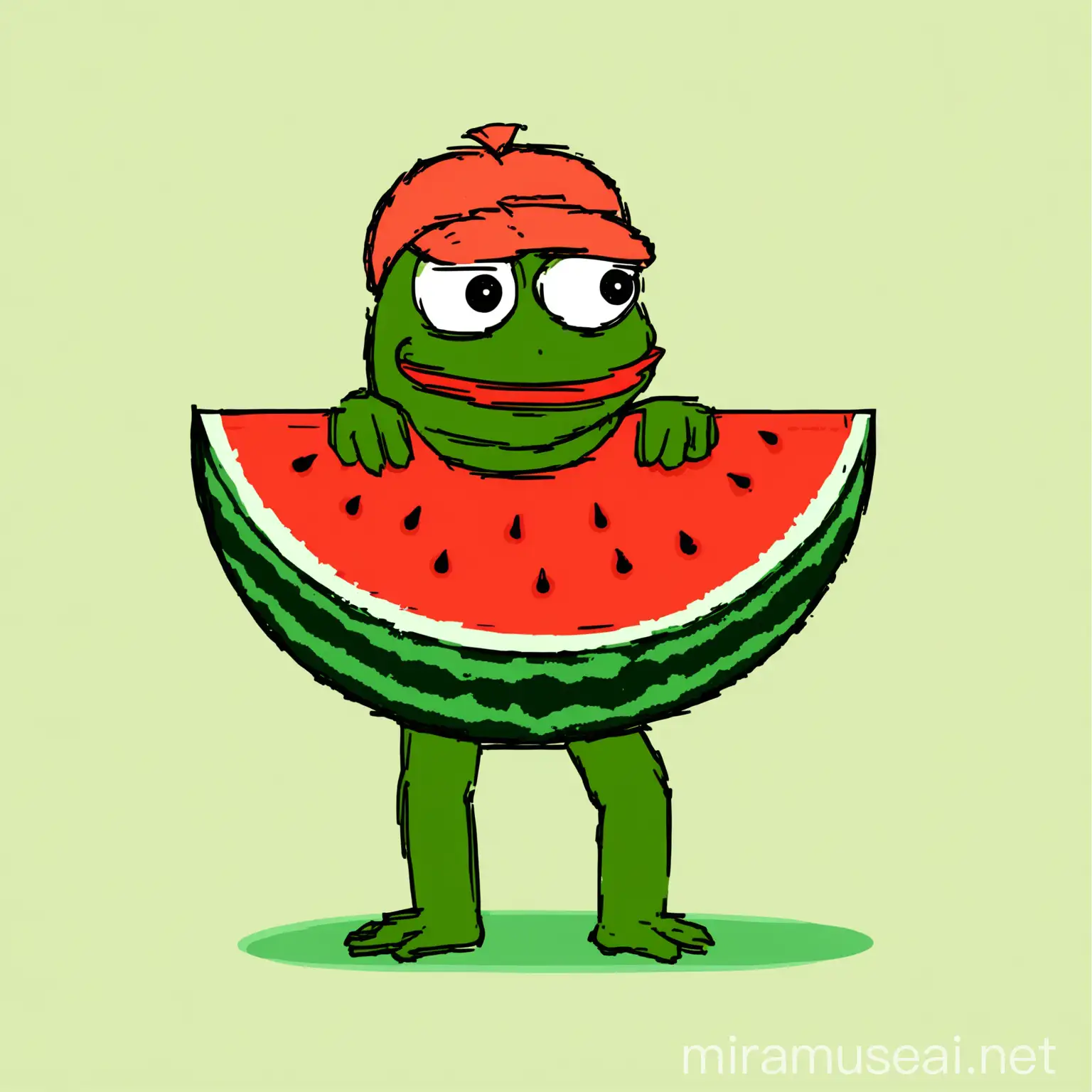 Pepe the Frog with Watermelon in 2D Flat Art Style