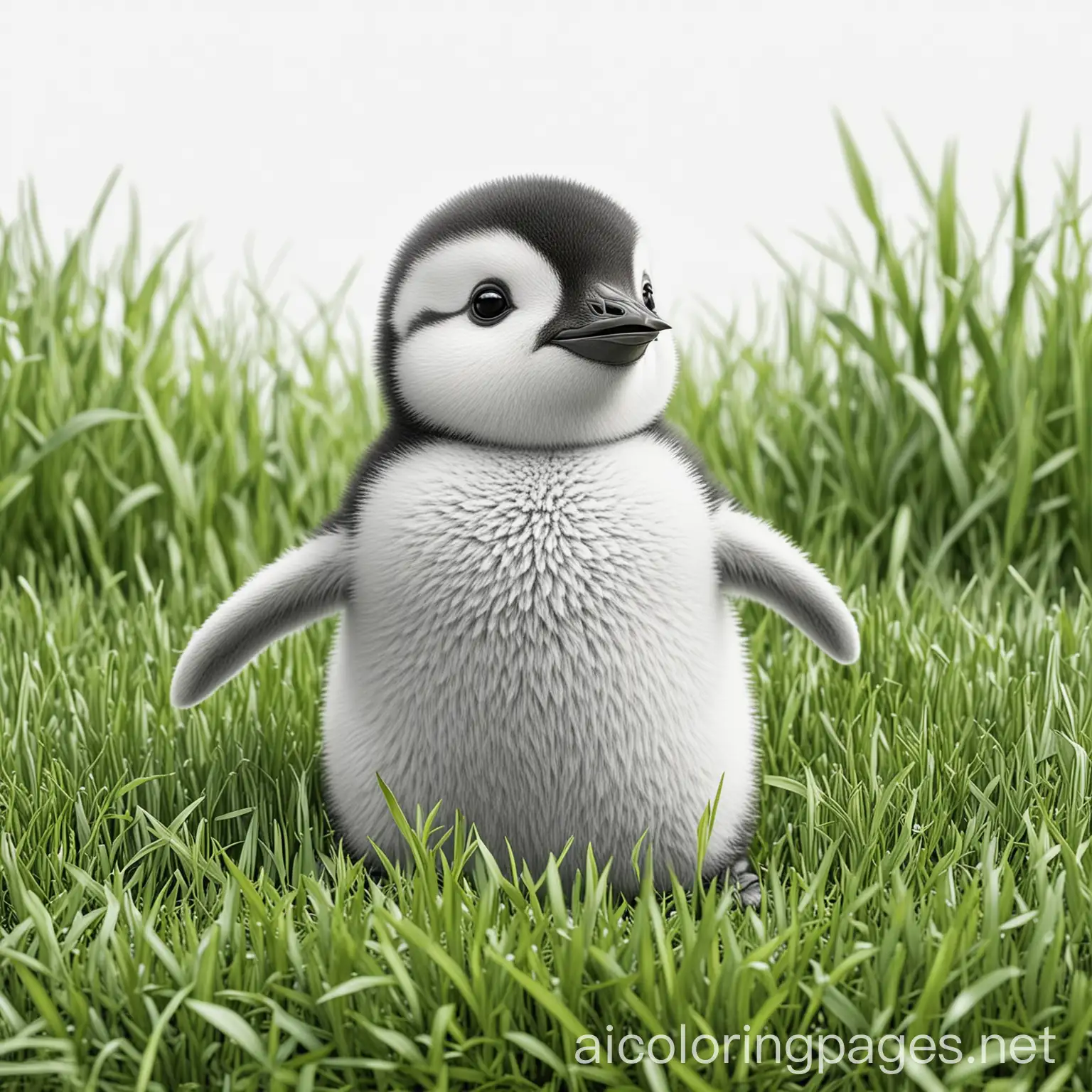 a cute baby penguin playing in green grass having fun, Coloring Page, black and white, line art, white background, Simplicity, Ample White Space. The background of the coloring page is plain white to make it easy for young children to color within the lines. The outlines of all the subjects are easy to distinguish, making it simple for kids to color without too much difficulty