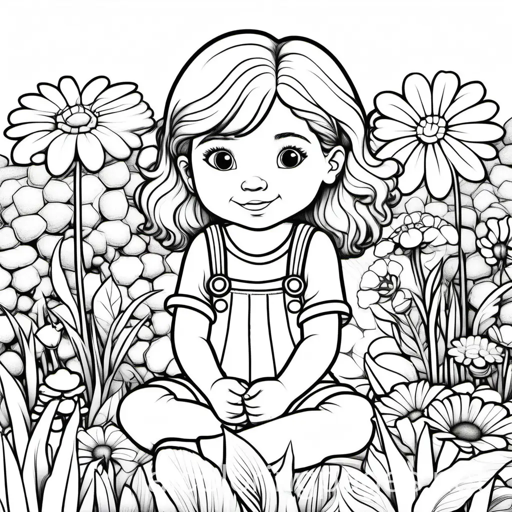 a little girl with coily hair sitting in a garden of flowers, Coloring Page, black and white, line art, white background, Simplicity, Ample White Space. The background of the coloring page is plain white to make it easy for young children to color within the lines. The outlines of all the subjects are easy to distinguish, making it simple for kids to color without too much difficulty