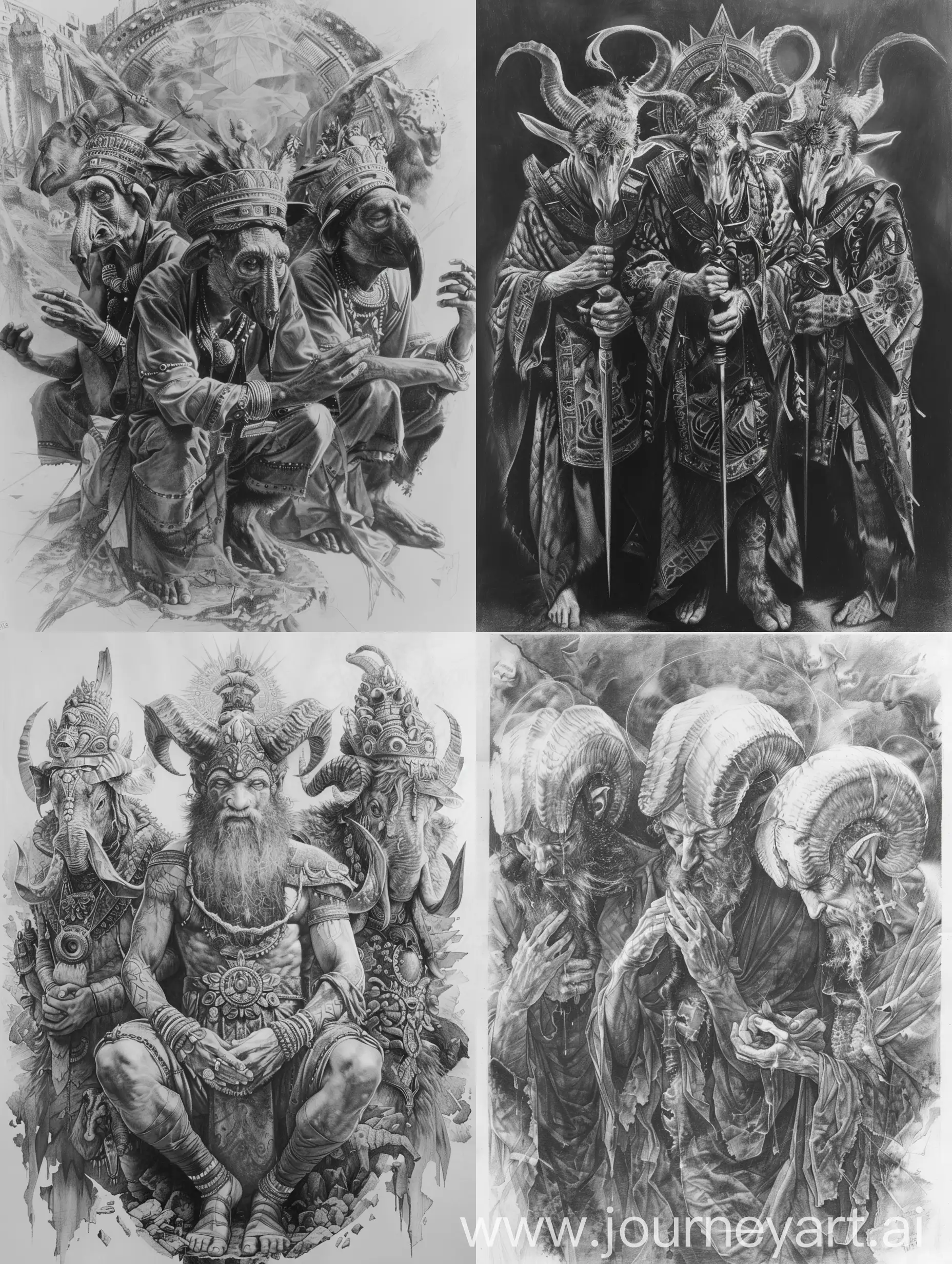creative dark hyper realistic pencil sketch of three mythological figures with animal heads, each showing reverence towards the central figure in a surreal setting on a large canvas in great details