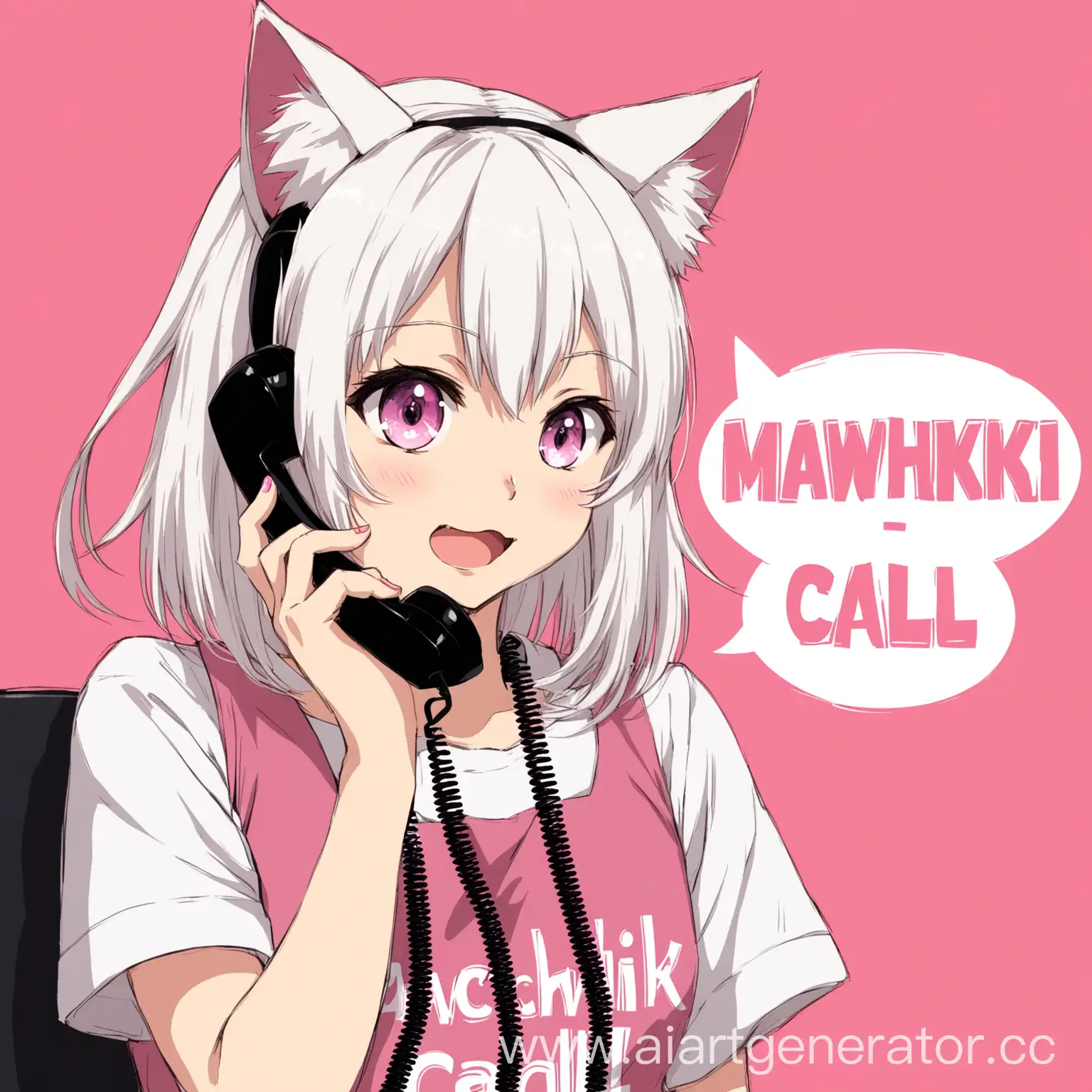 аниме девушка с кошачьими ушами и белыми волосами говорит по телефону, сзади на розовом фоне надпись mawchik call