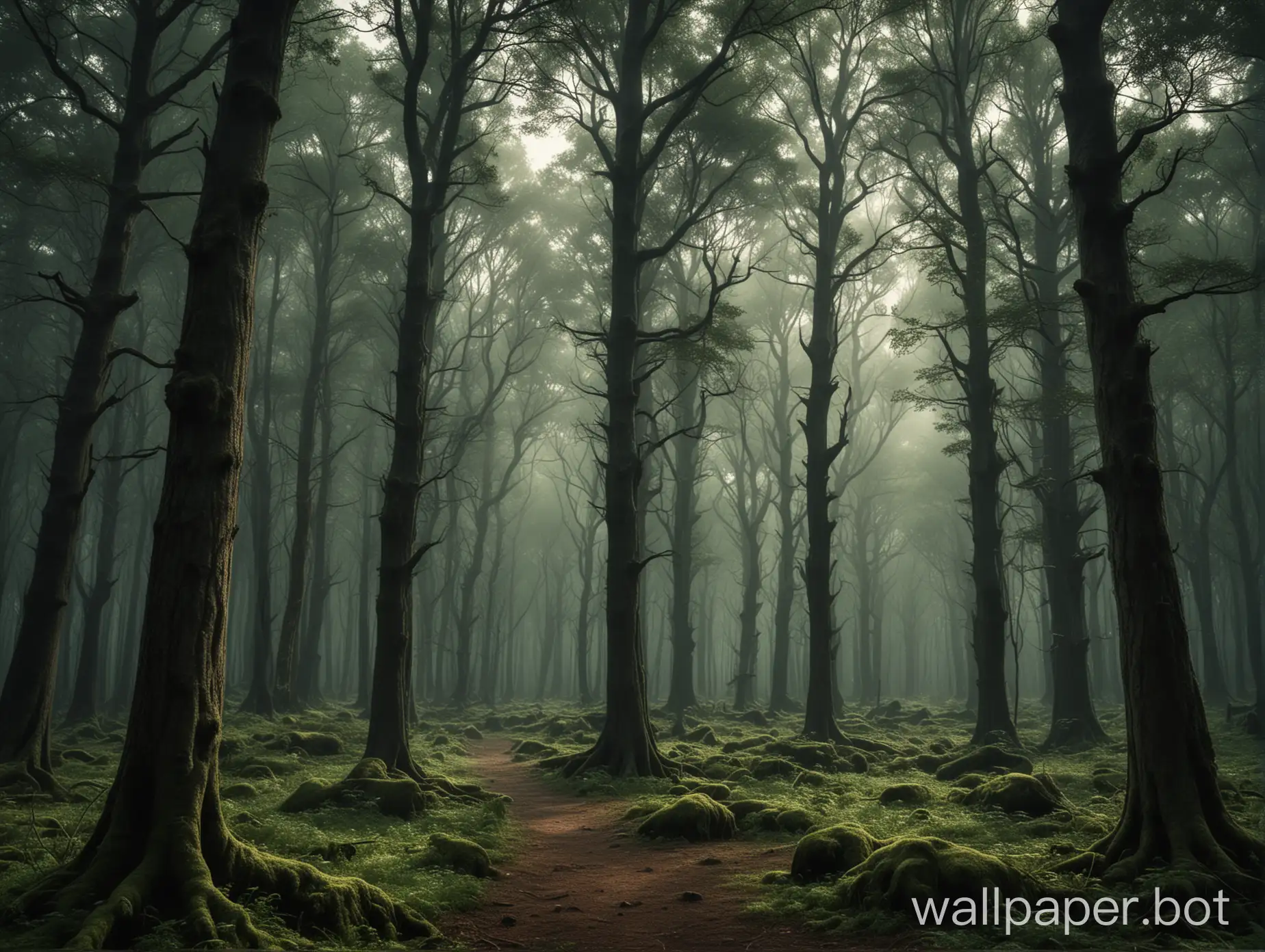 A dark green forest with large trees and a dramatic atmosphere in the afternoon