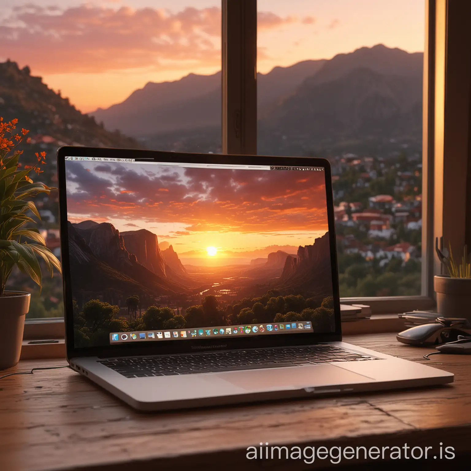 The macbook is on the table with the screen off. (zoomed in, view straight ahead). In the background is a panoramic window with a beautiful sunset.Cozy, lighting, detailing, digital painting, cinematography, unreal 5, daz, hyper-realism, octane rendering.