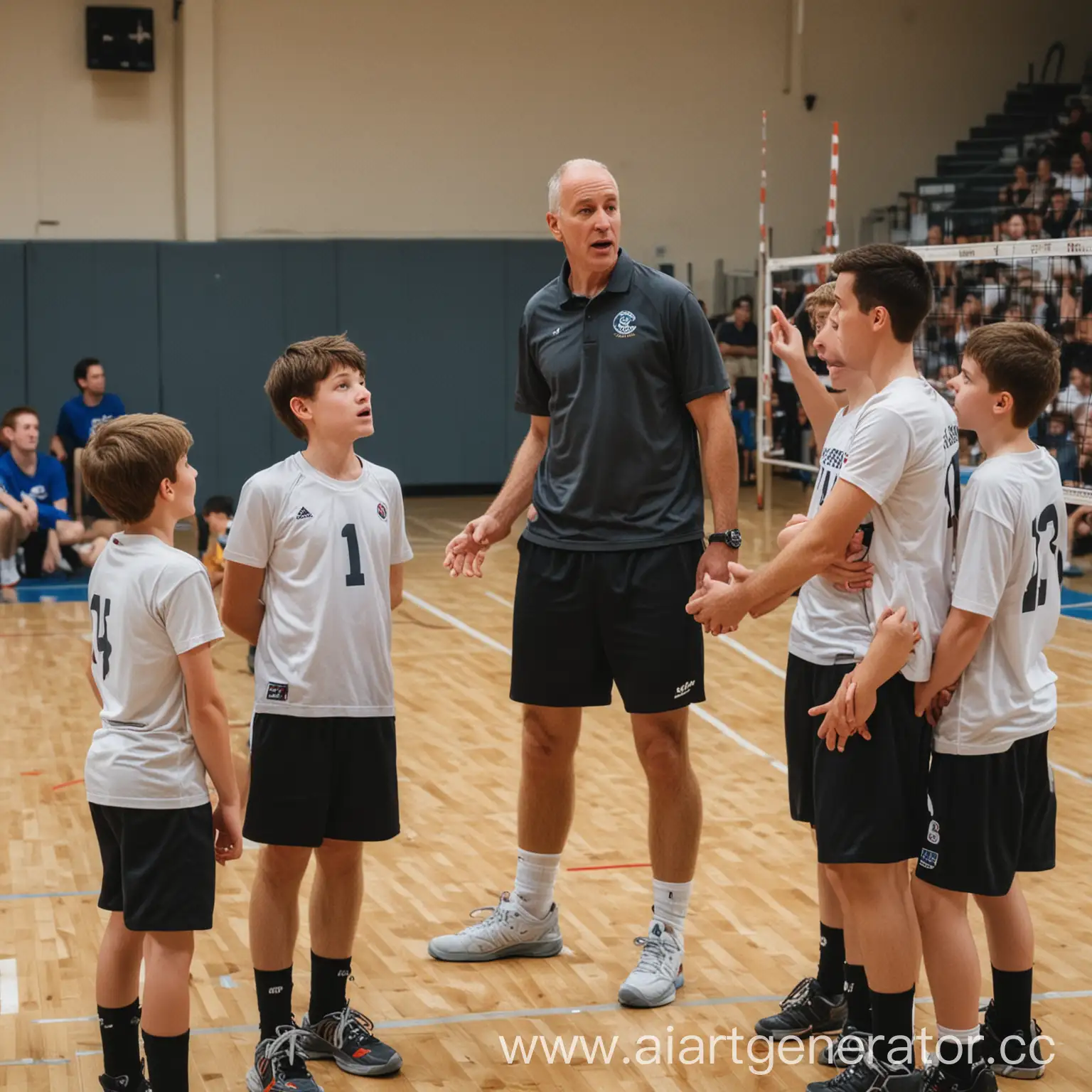 тренер по волейболу объясняет ученикам что-то  мальчикам 