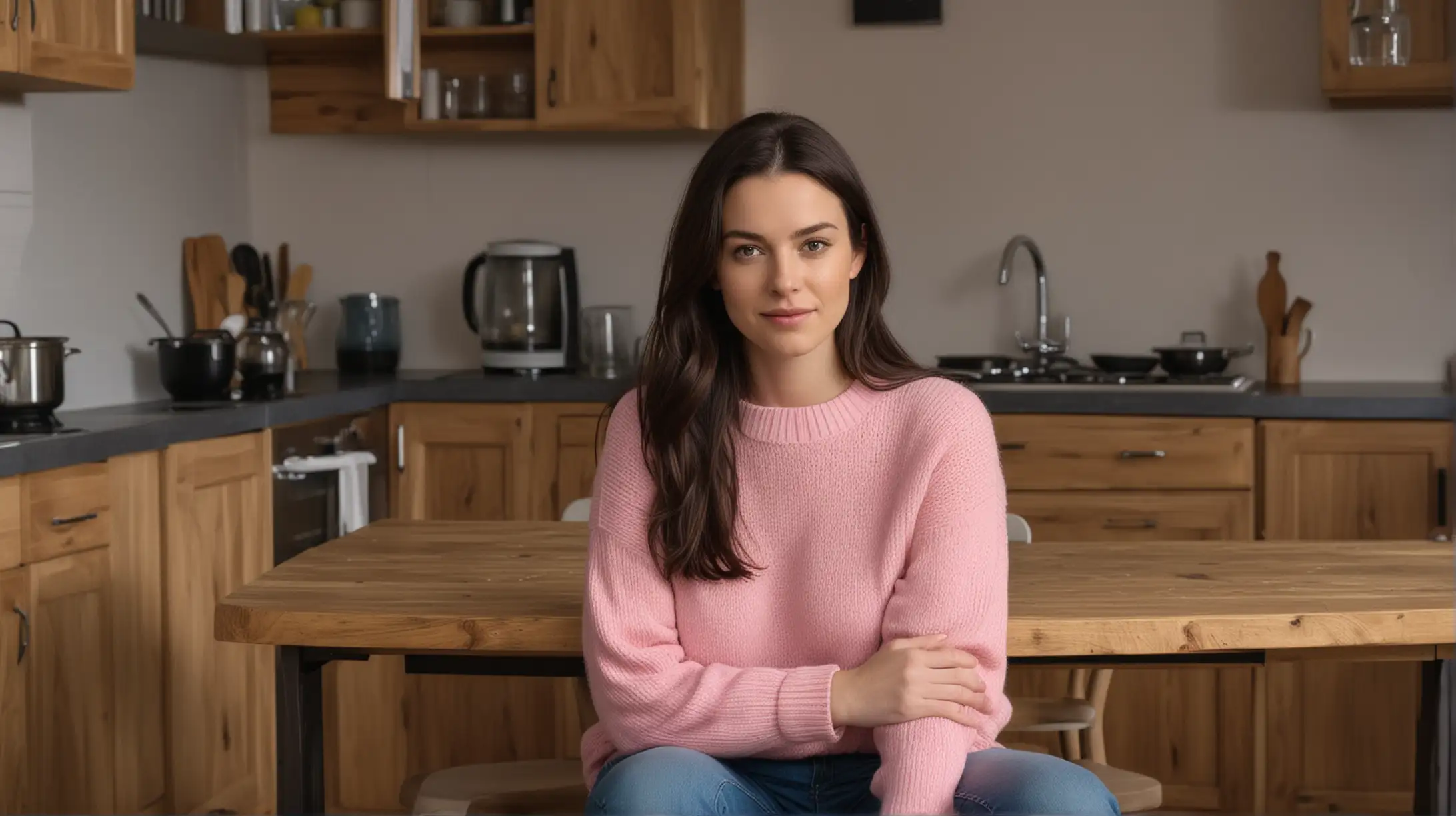 30 year old pale white woman with long big dark brown hair, wearing a pink sweater and blue jeans looking at camera. She is sitting down in a chair at a wooden kitchen table, modern kitchen at night