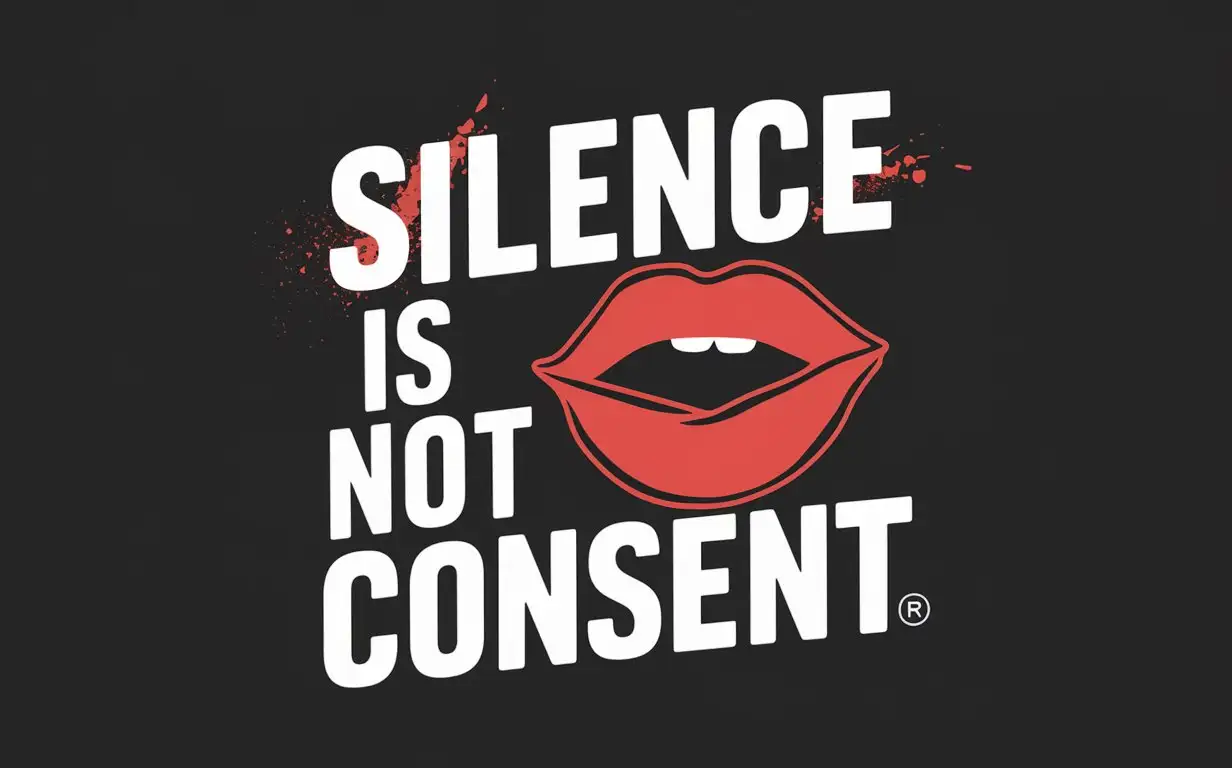 Create a bold and impactful design featuring the phrase 'Silence is Not Consent'. The design should be suitable for direct-to-garment printing. Use a clear, assertive font for the text to ensure it stands out. Incorporate a simple graphical representation of crossed-out lips to visually emphasize the message. Use high contrast colors, with the text in white or light colors against a dark background to enhance visibility. Add elements of color, such as red for the crossed-out lips, to draw attention and add visual interest. The overall design should be simple yet powerful, effectively conveying the importance of explicit consent. Ensure the design is suitable for various apparel items, avoiding intricate details to maintain print quality and clarity.