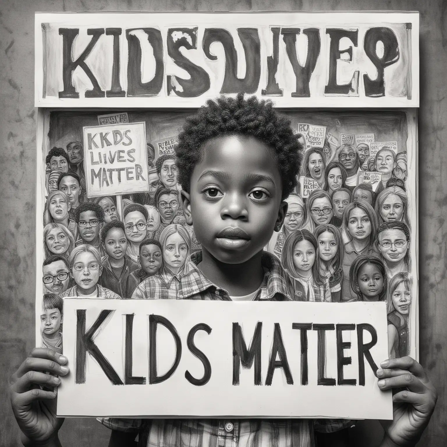Create a black and white political pencil drawing in the style of Matt Wuerker.  Create the drawing of one black child holding up a sign that says  "Kids Lives Matter"