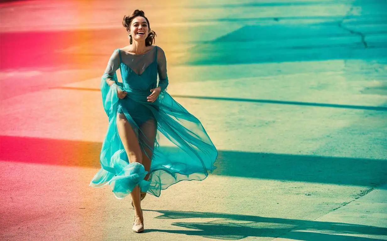 A photo of an elegant woman with a sheer blue dress, laughing, running, with daylight, sunlight, and shadow play creating vibrant colors with a bright pastel palette in a street style photography scene during the summer --ar 85:128 --v 6.0 --style raw
