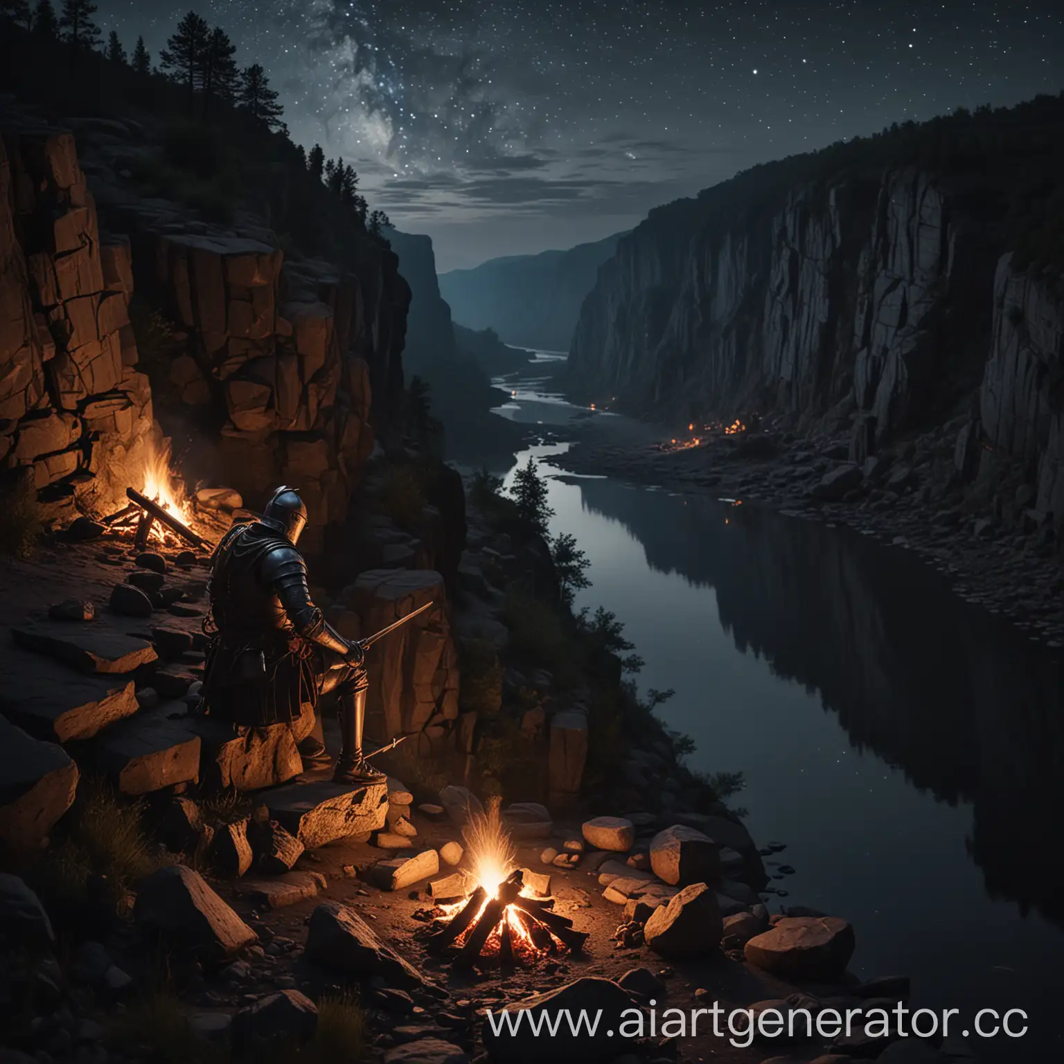 Рыцарь сидит у костра ночью на уступе горы на фоне реки, уходящей вдаль