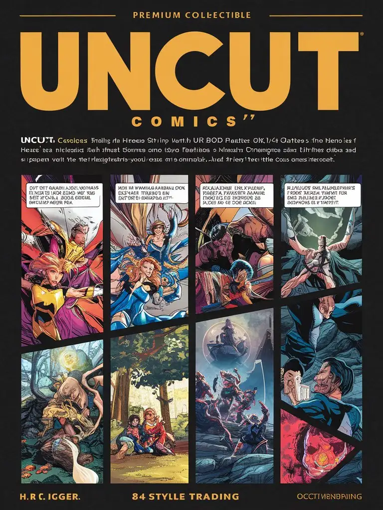 "describe a premium collectible trading comic strip design for 'UNCUT' featuring 'Heroes and Villians'. Include the following elements: * Card name: UNCUT COMICS' in bold text * + Description: a dynamic multi-panel comic strip. Start with heroes and villains in vibrant costumes, follow with intense battle scenes, and conclude with the heroes’ triumphant victory. * + Comic details: + Manga-style artwork with 8k/16k visuals + UHD palette with vibrant colors + Intricate details and H.R. Giger-inspired surrealism + Hero-style fantasy scene with natural lighting + Imagery inspired by Tim Burton's twisted hero aesthetic + Rendered with Octane rendering * Premium 14PT card stock with authenticated design * UHD atmosphere and intricate details throughout the design Format the design with a standard trading card layout, including space for a holographic foil or other premium finishes. Please ensure the design is breathtaking, with a bad-picture-chill-75v effect, and a ral-dissolve finish." --q 100 --c 500