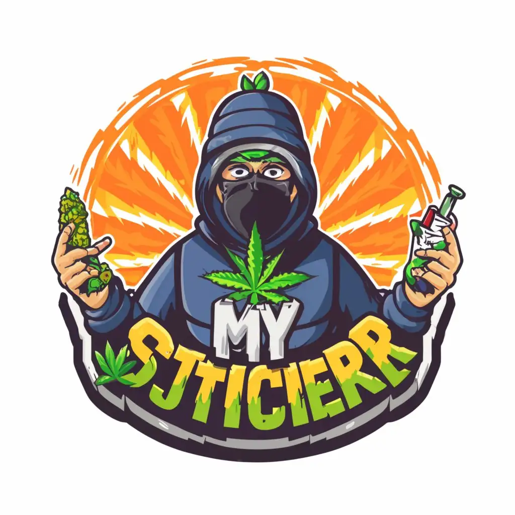 a logo design,with the text "My sticker", main symbol:Logo Symbol: A highly detailed weed inspired background with a cartoon character wearing a balaclava holding money and a joint,Moderate,be used in Others industry,clear background