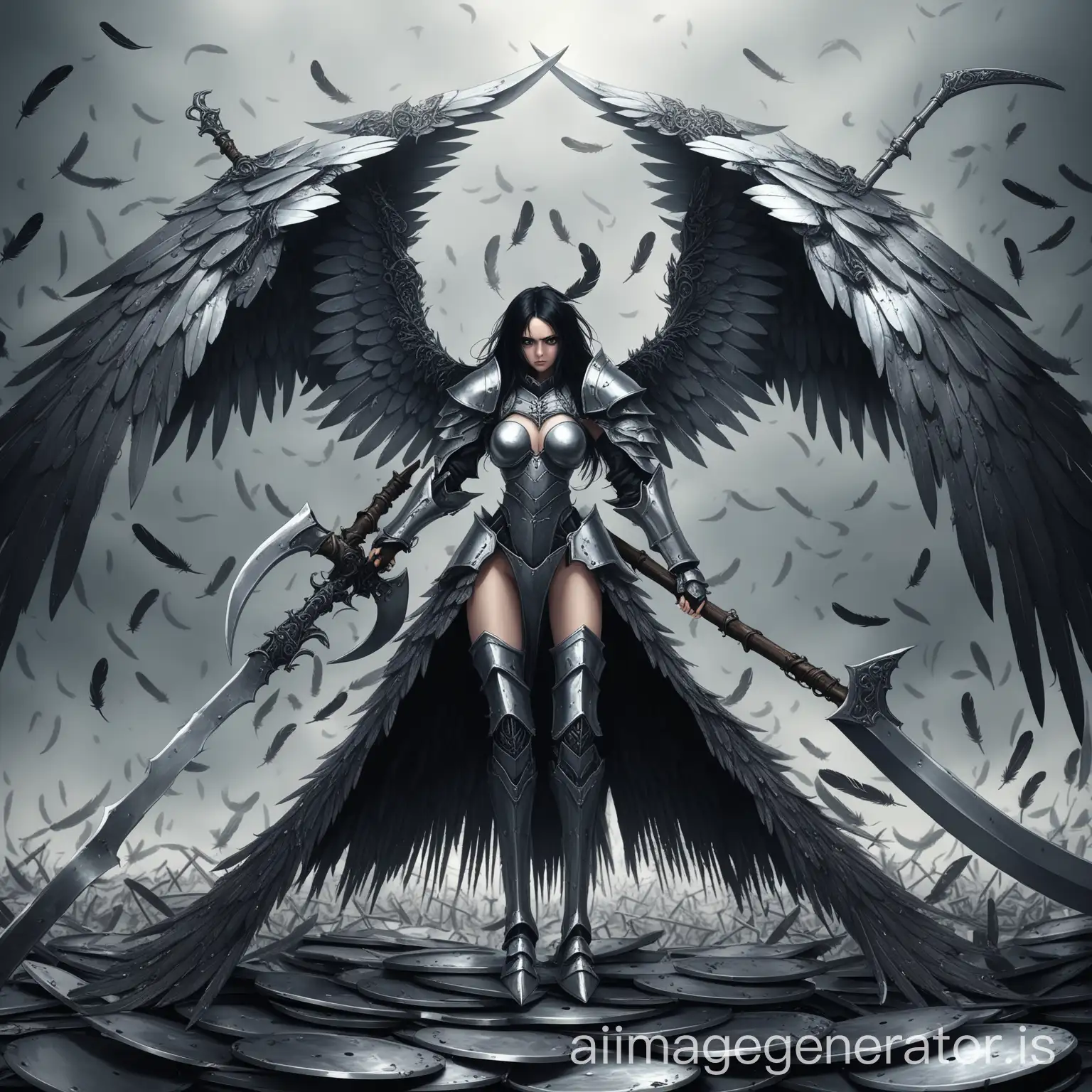 ведьма в стальных доспехах, жестокое лицо, холодный взгляд, женщина в стальных латах, стальные крылья, крылья из металла, перья на крыльях из длинных пластин железа, железная боевая коса, чёрные волосы, в полный рост